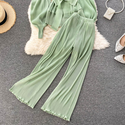 Conjunto Elegante: Blusa de Gasa con Mangas Abullonadas y Pantalón Ancho - Image 19