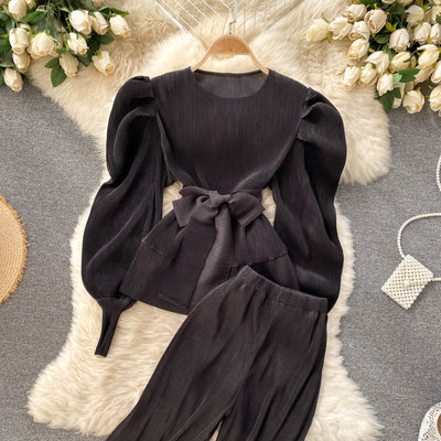 Conjunto Elegante: Blusa de Gasa con Mangas Abullonadas y Pantalón Ancho - Image 24
