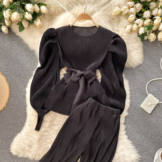 Conjunto Elegante: Blusa de Gasa con Mangas Abullonadas y Pantalón Ancho - Image 24