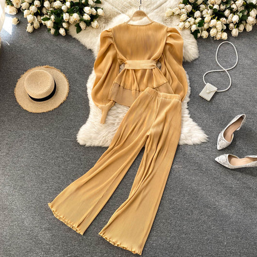 Conjunto Elegante: Blusa de Gasa con Mangas Abullonadas y Pantalón Ancho - Image 34