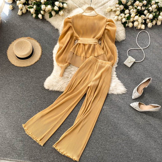 Conjunto Elegante: Blusa de Gasa con Mangas Abullonadas y Pantalón Ancho - Image 35