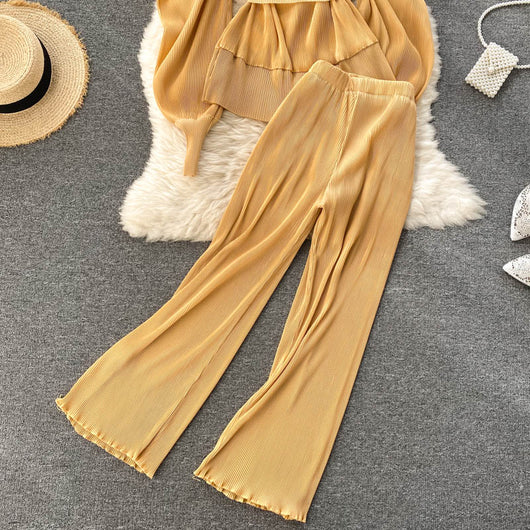 Conjunto Elegante: Blusa de Gasa con Mangas Abullonadas y Pantalón Ancho - Image 36