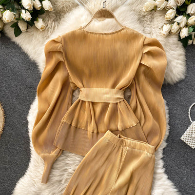 Conjunto Elegante: Blusa de Gasa con Mangas Abullonadas y Pantalón Ancho - Image 37
