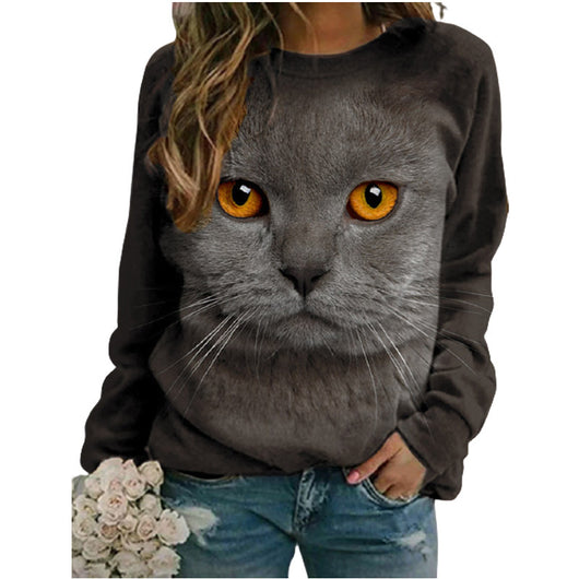 Suéter de Cuello Redondo Manga Larga para Mujer Estampado Gato - Image 7
