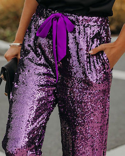 Pantalón Lentejuelas Cintura Alta con Cordones para Fiesta Nocturna - Image 11