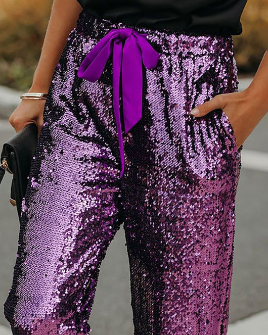 Pantalón Lentejuelas Cintura Alta con Cordones para Fiesta Nocturna - Image 11