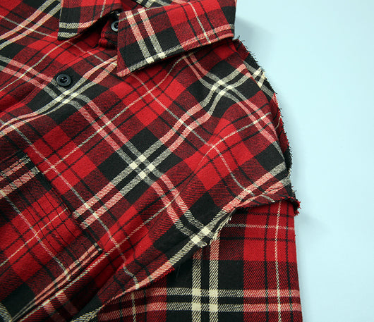 Camisa de Algodón Escocesa Roja a Cuadros con Detalles Desgarrados - Image 18