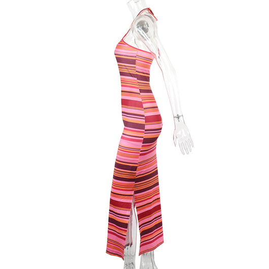 Vestido Largo a Rayas con Escote Halter y Espalda Descubierta - Image 17