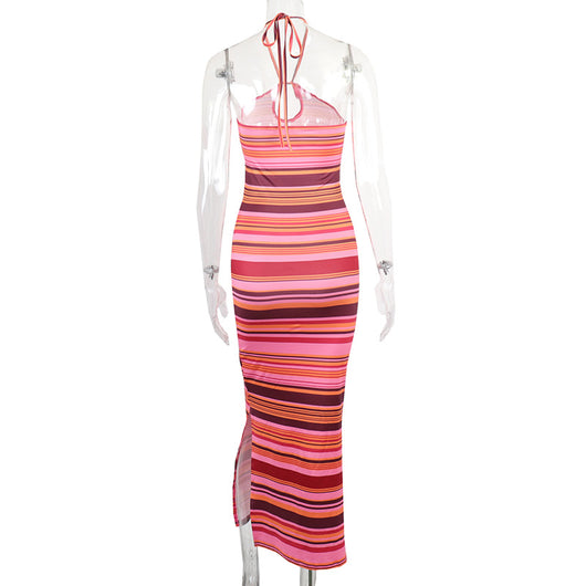 Vestido Largo a Rayas con Escote Halter y Espalda Descubierta - Image 18