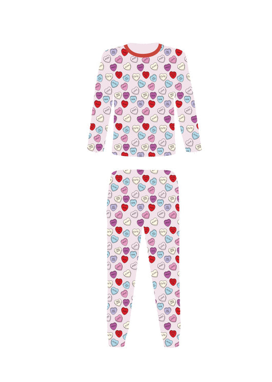 Pink long-sleeve pajama set with a conversation heart print, red Henley neckline, and matching full-length pants. - Image 10