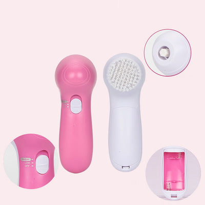 White electric facial cleanser with multiple brush and sponge attachments in an open translucent teal carrying case. - Image 13