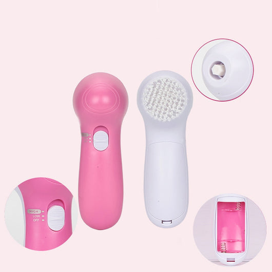White electric facial cleanser with multiple brush and sponge attachments in an open translucent teal carrying case. - Image 13