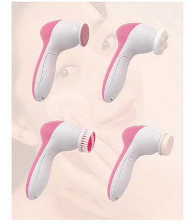 White electric facial cleanser with multiple brush and sponge attachments in an open translucent teal carrying case. - Image 15