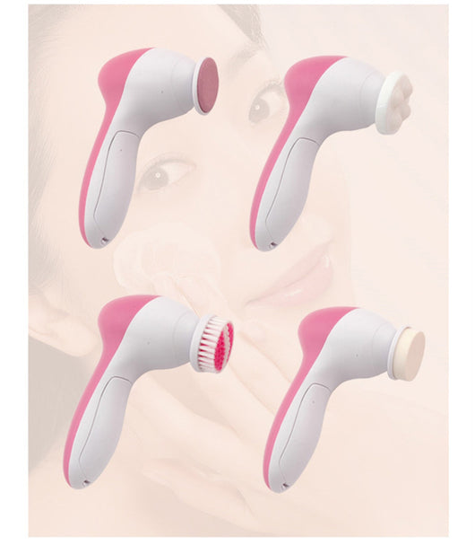 White electric facial cleanser with multiple brush and sponge attachments in an open translucent teal carrying case. - Image 15