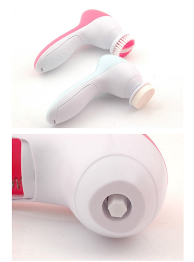White electric facial cleanser with multiple brush and sponge attachments in an open translucent teal carrying case. - Image 17