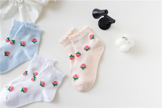 Calcetines Infantiles de Fresa Tubo Medio Niñas Tela Fina - Image 17