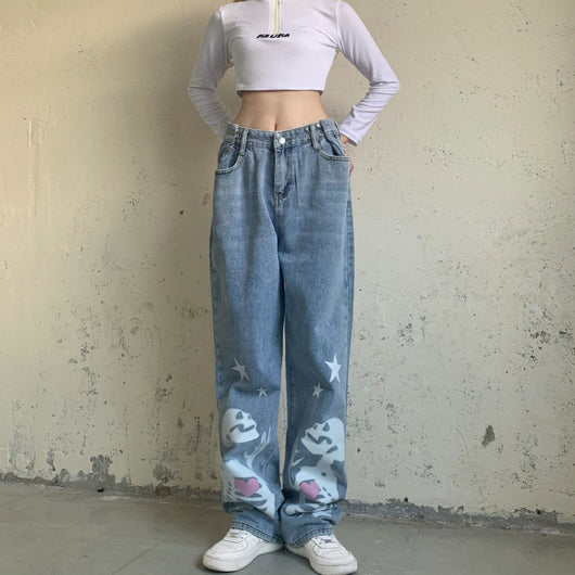 Jeans Rectos Talle Alto con Pentágrama Calavera - Diseño Alternativo Ajustable - Image 8