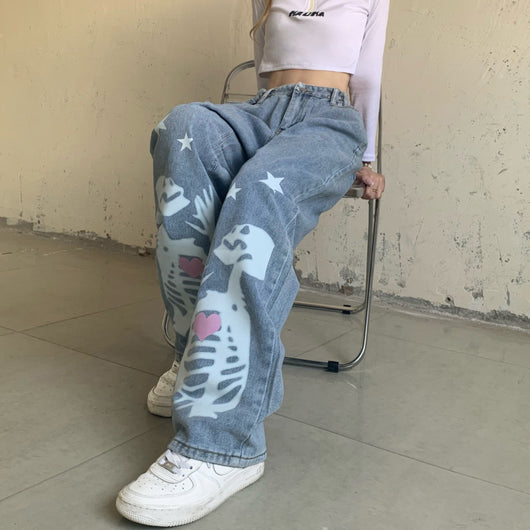 Jeans Rectos Talle Alto con Pentágrama Calavera - Diseño Alternativo Ajustable - Image 9