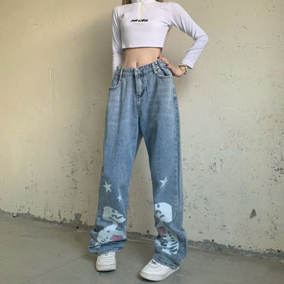 Jeans Rectos Talle Alto con Pentágrama Calavera - Diseño Alternativo Ajustable - Image 15