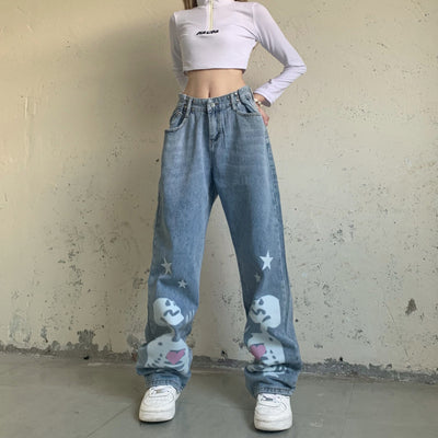 Jeans Rectos Talle Alto con Pentágrama Calavera - Diseño Alternativo Ajustable - Image 17