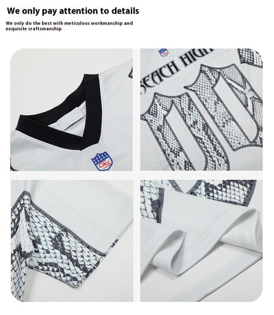 White mesh jersey t-shirt with a V-neck and short drop-shoulder sleeves, featuring a black and white snake scale design. - Image 13