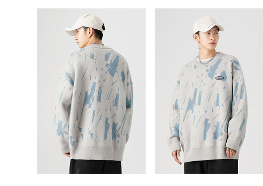 Suéter Hombre Cuello Redondo Diseño Jacquard Salpicaduras de Tinta Japonés - Image 8
