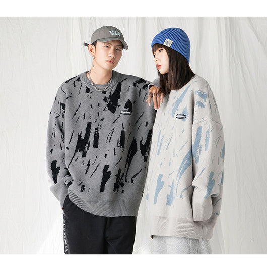 Suéter Hombre Cuello Redondo Diseño Jacquard Salpicaduras de Tinta Japonés - Image 11