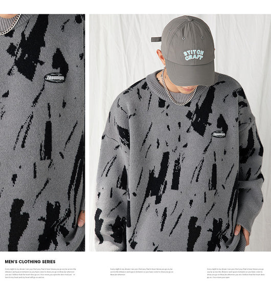 Suéter Hombre Cuello Redondo Diseño Jacquard Salpicaduras de Tinta Japonés - Image 12