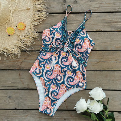 Traje de Baño Enterizo Escote Profundo Estampado Flor de Cashew - Image 11