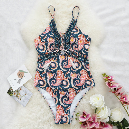 Traje de Baño Enterizo Escote Profundo Estampado Flor de Cashew - Image 13