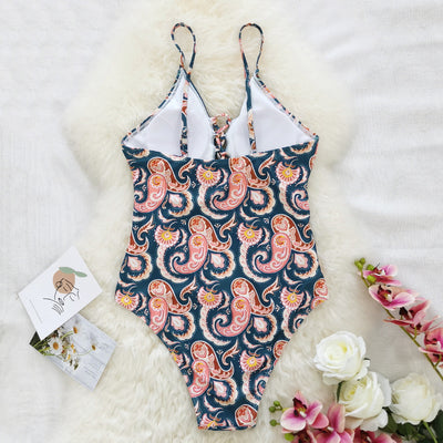 Traje de Baño Enterizo Escote Profundo Estampado Flor de Cashew - Image 14