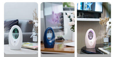 Navy blue USB humidifier with an oval shape and an illuminated castle design in the center. - Image 13