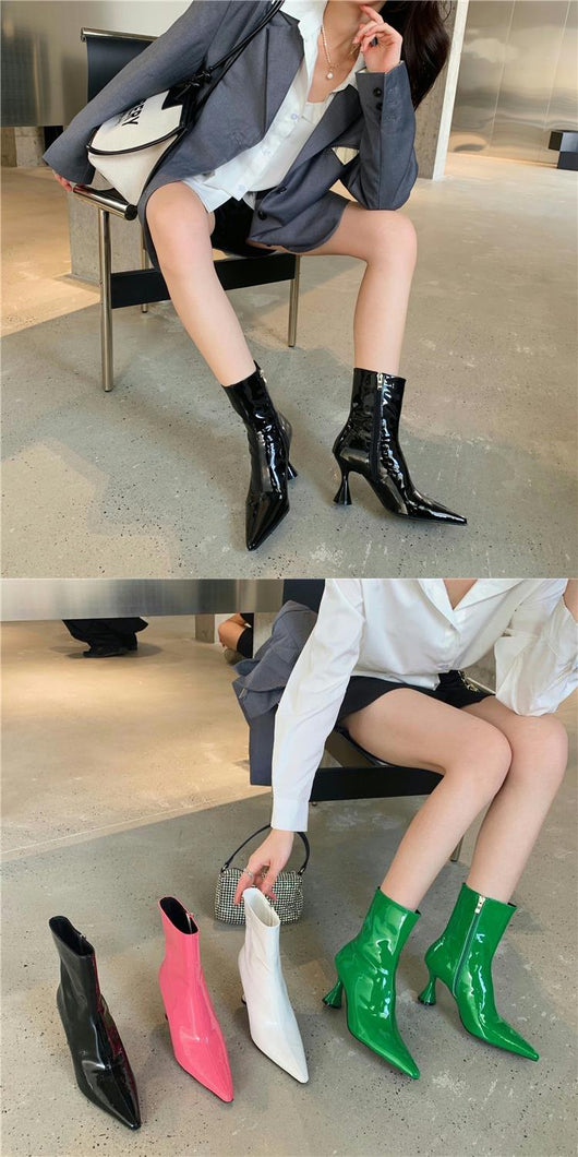 Botas de Cuero Charol Otoño Tacón Blackjack Punta Afilada para Mujer - Image 19