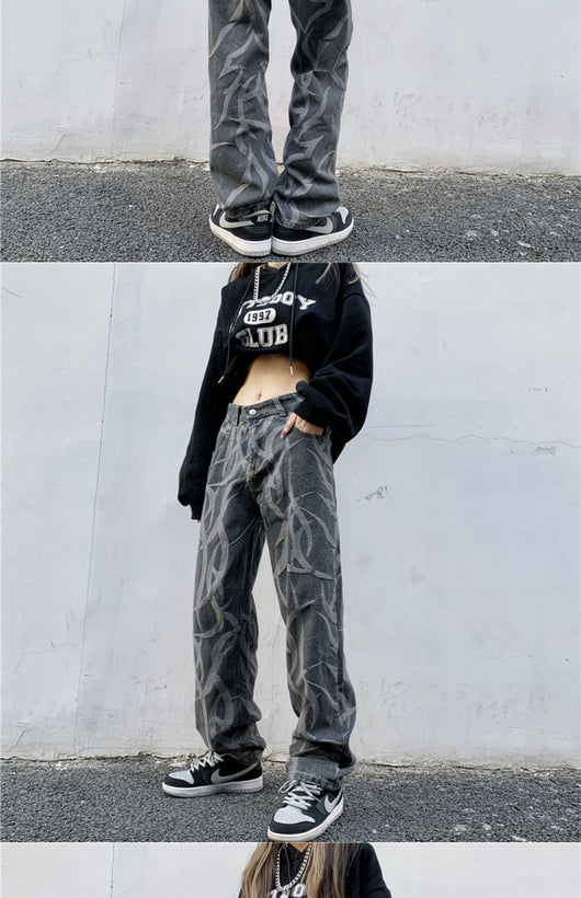 Pantalones Hip Hop Talle Alto Cintura Ancha Pierna Suelta Jeans Estampados - Image 9