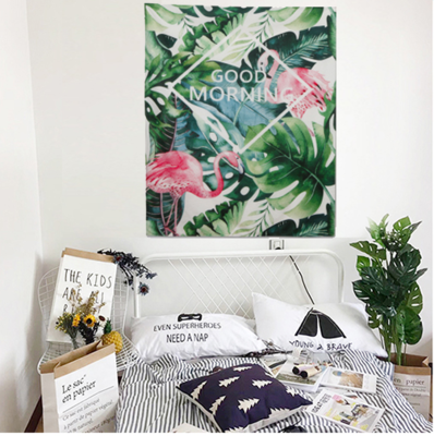 Tropical leaf and pink flamingo tapestry with "GOOD MORNING" text, hanging above a bed in a bright room. - Image 16