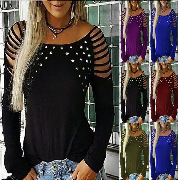 Camiseta Manga Larga Estilo Explosivo con Perforado Brillante para Mujer