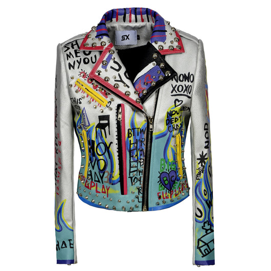 Chaqueta de Cuero para Motocicleta con Remaches Graffiti para Mujer - Image 8