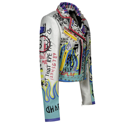 Chaqueta de Cuero para Motocicleta con Remaches Graffiti para Mujer - Image 9