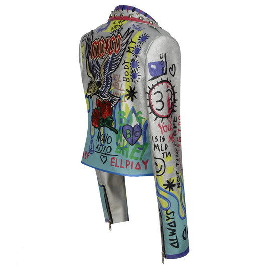 Chaqueta de Cuero para Motocicleta con Remaches Graffiti para Mujer - Image 10