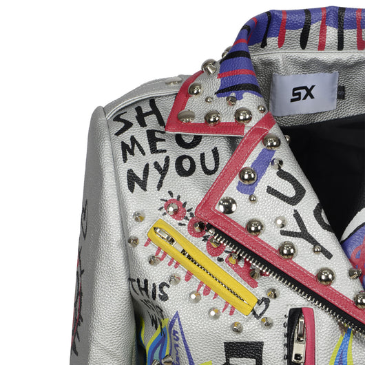 Chaqueta de Cuero para Motocicleta con Remaches Graffiti para Mujer - Image 12