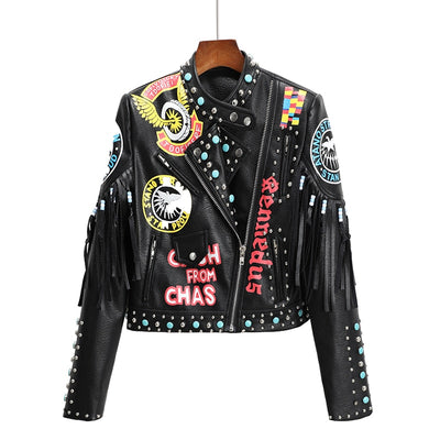 Chaqueta de Cuero con Estampado y Remaches Contraste para Mujer - Image 6