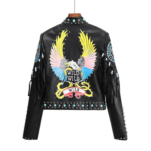 Chaqueta de Cuero con Estampado y Remaches Contraste para Mujer - Image 7