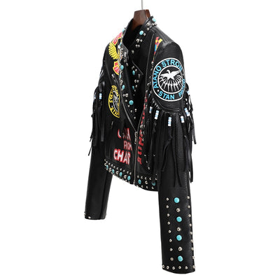 Chaqueta de Cuero con Estampado y Remaches Contraste para Mujer - Image 8