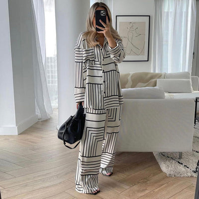 Conjunto de Dos Piezas: Blusa Satinada con Estampado Europeo y Americano para Mujer - Image 9