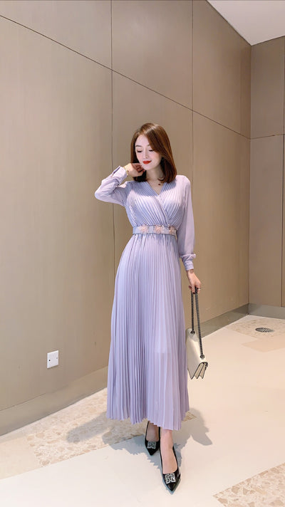 Vestido Elegante Cuello V con Falda Plisada Larga para Mujer - Image 7