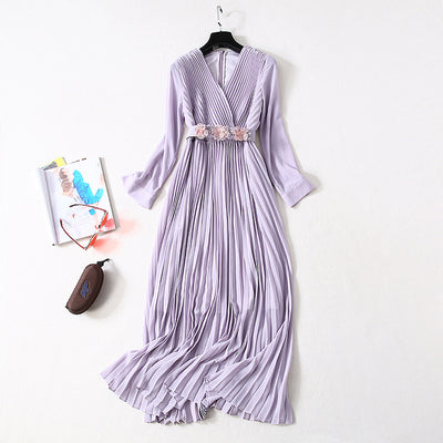 Vestido Elegante Cuello V con Falda Plisada Larga para Mujer - Image 9