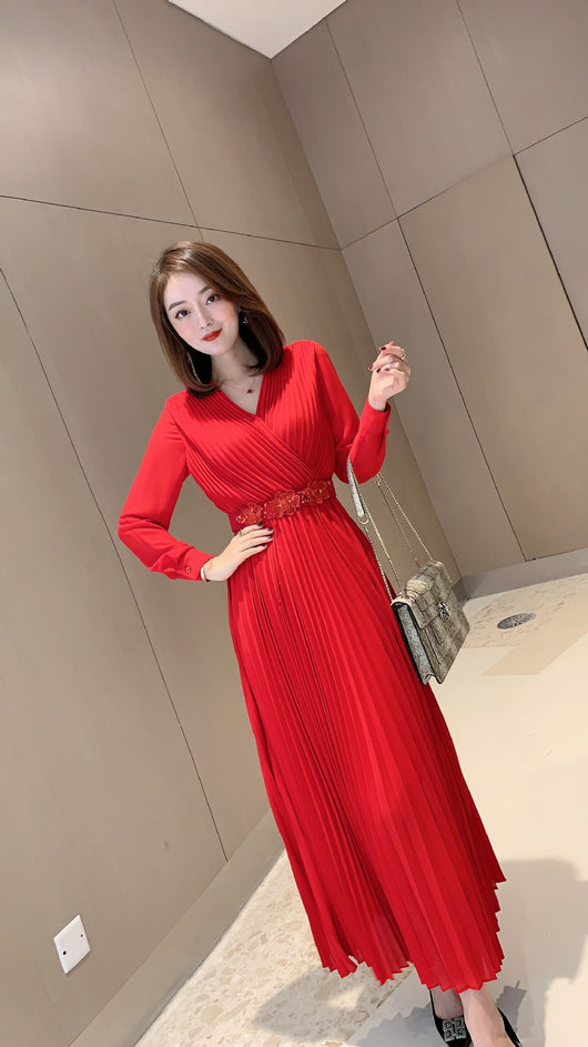 Vestido Elegante Cuello V con Falda Plisada Larga para Mujer - Image 11