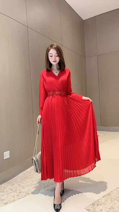 Vestido Elegante Cuello V con Falda Plisada Larga para Mujer - Image 12