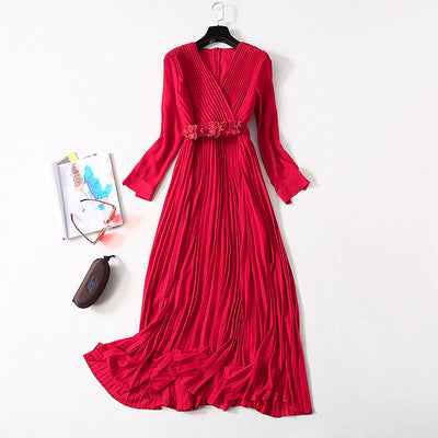 Vestido Elegante Cuello V con Falda Plisada Larga para Mujer - Image 13