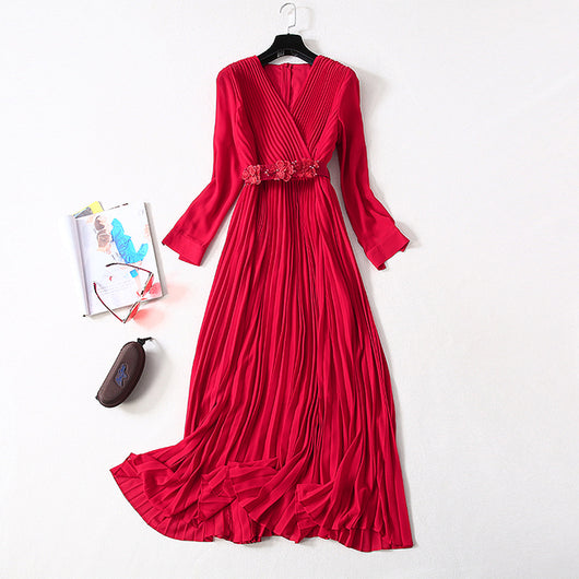 Vestido Elegante Cuello V con Falda Plisada Larga para Mujer - Image 13